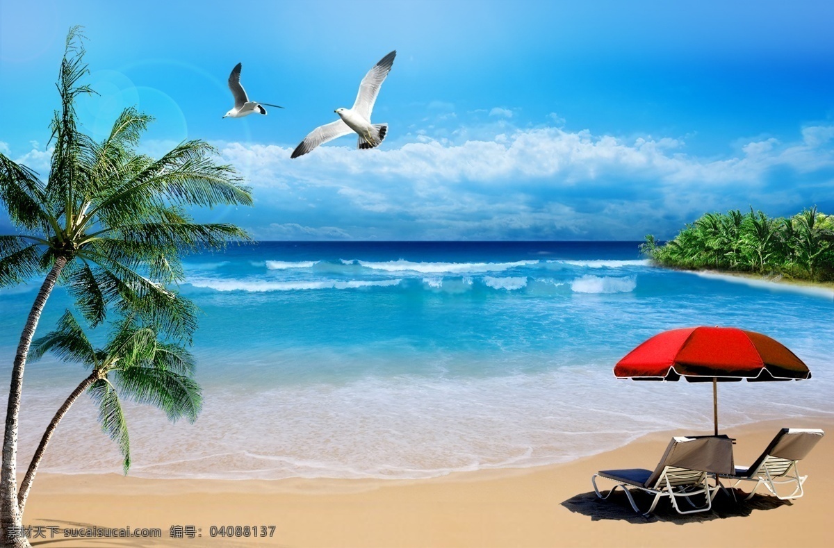 沙滩 海岸线 椰子树 碧蓝天空 海鸟 大海 海洋 沙滩浴 海纳百川 有容乃大 天空 旅游