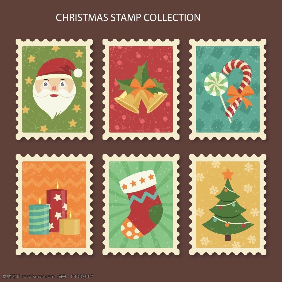 复古 颜色 圣诞 邮票 标签 圣诞老人 圣诞树 蜡烛 圣诞袜 铃铛 糖果