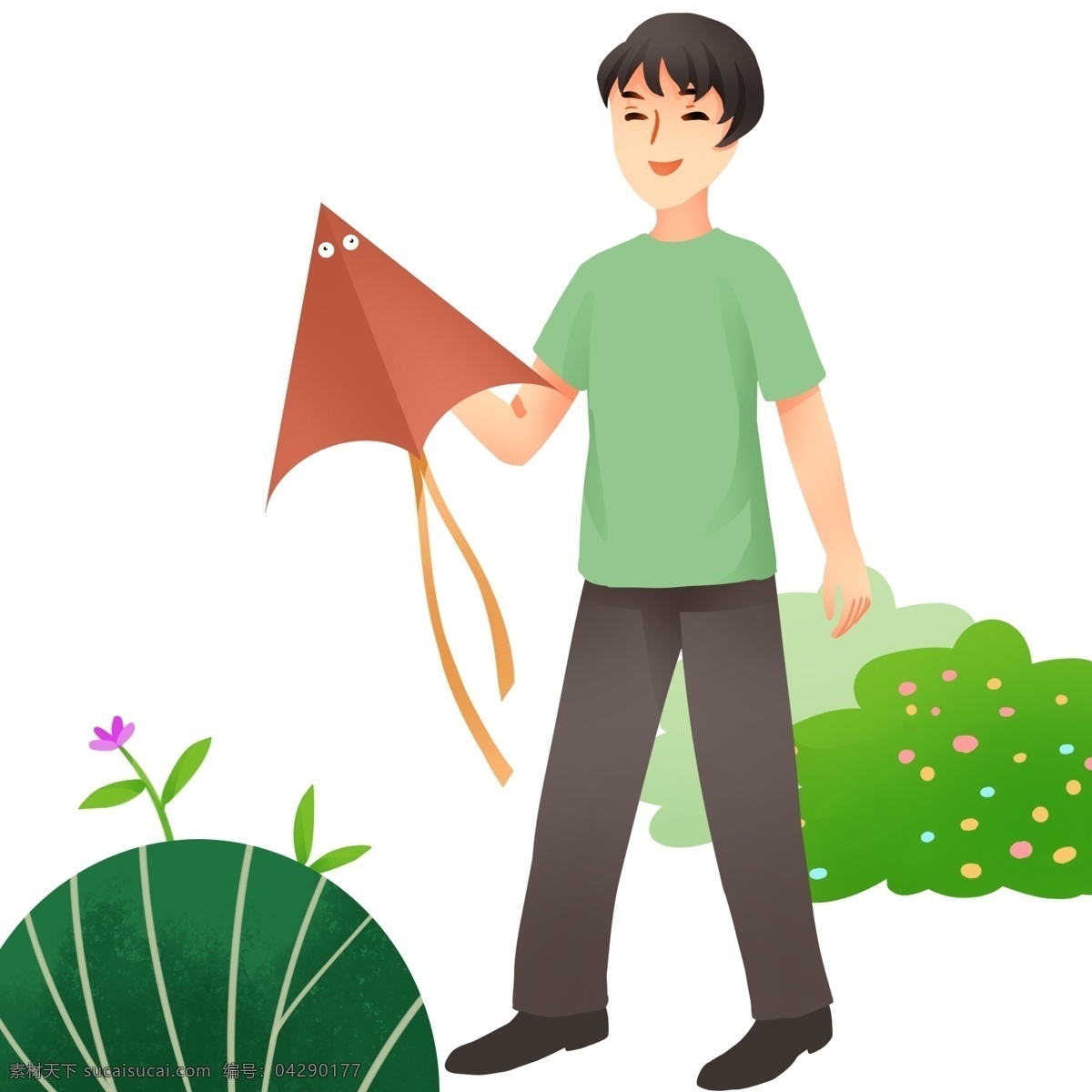 放风筝 小 男孩 插画 春游 踏青 人物 黄色的风筝 紫色的小花 绿色的叶子 植物装饰