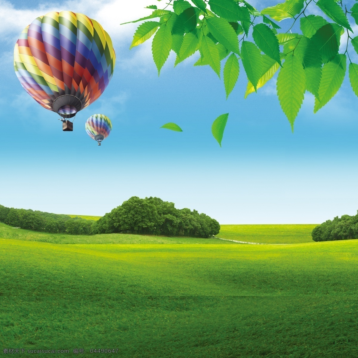 青草 氢气球 树叶 蓝天 白云 蓝天白云素材