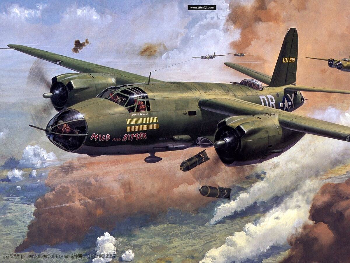 轰炸机 二战 战机 炸弹 烟雾 飞机 飞行员 天空 战争 燃烧 美军 发动机 双发飞机 平原 空中视角 手绘 手绘战机 军事武器 现代科技