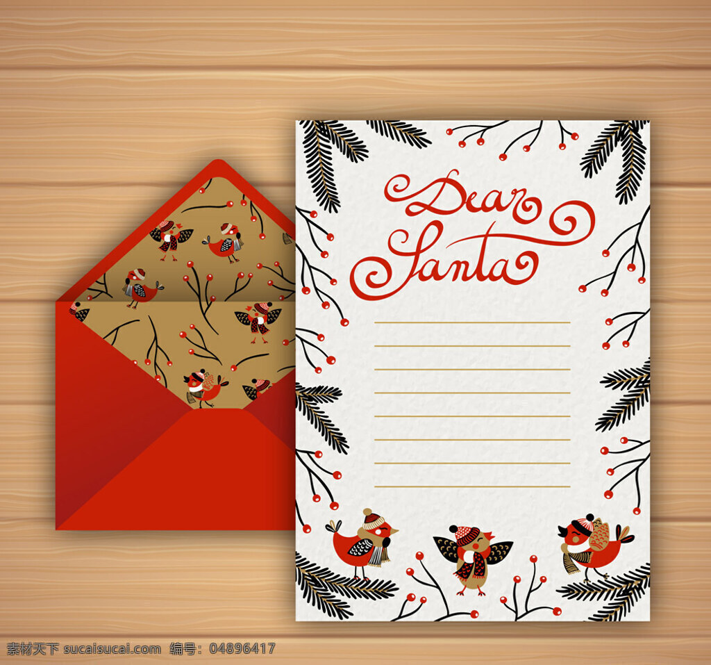 可爱 圣诞 信纸 信封 矢量 枸骨 木板 鸟