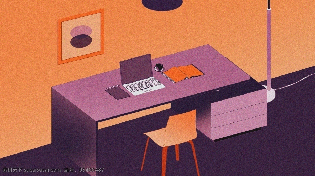 办公 场景 电脑 书桌 矢量 插画 扁平 渐变 背景 商务 书本 紫色 配图 平板 台灯 凳子 电脑桌 杯子 书籍 笔记本 黄色