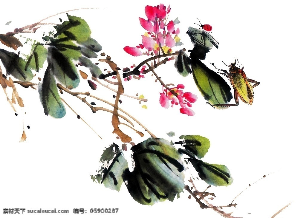 昆虫水墨画 花朵 花枝 昆虫 叶子 水墨画 书画 文化艺术 绘画书法