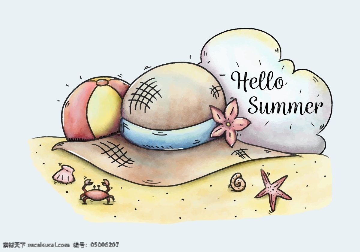 手绘 夏天 沙滩 插画 手绘插画 夏季插画 海星 螃蟹 矢量素材 帽子