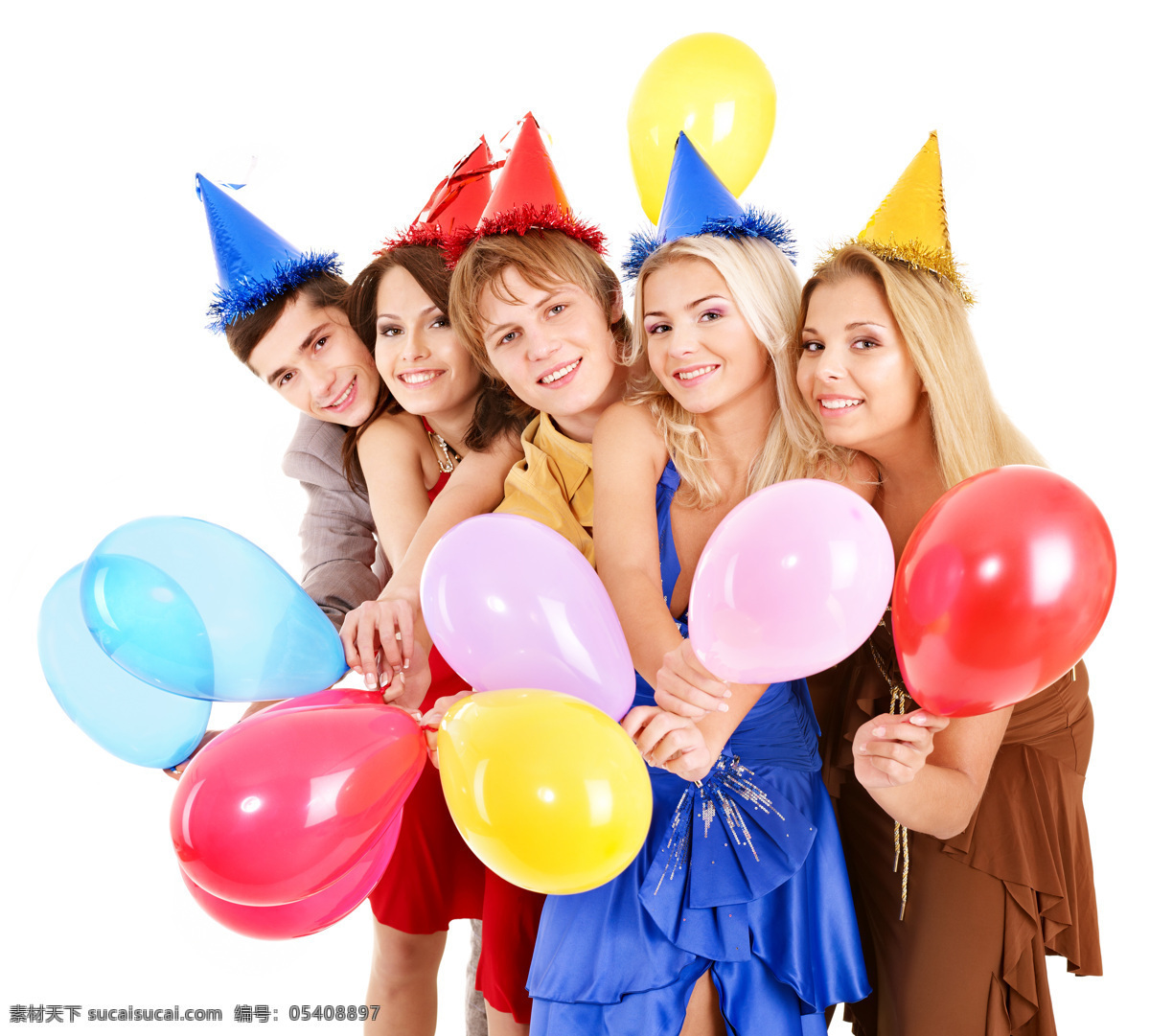 五 外国 男女 庆祝 派对 生日派对 人物 外国男人 外国女人 五个人 喜庆 气球 彩色气球 戴帽子开心 活动 拿着 高清图片 生活人物 人物图片