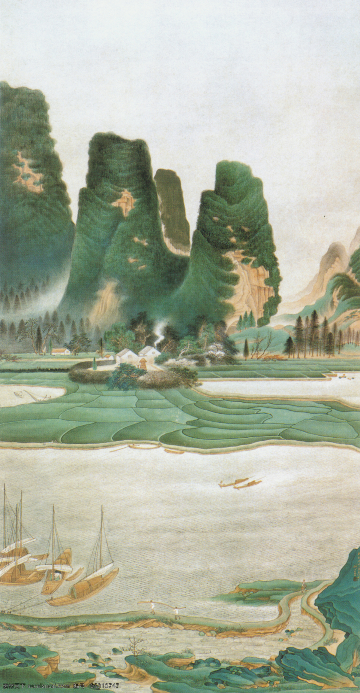 桂林 山水 图 河流 绘画 瀑布 山 山峰 树木 溪水 小河 云雾 植物 桂林山水图 奇峰
