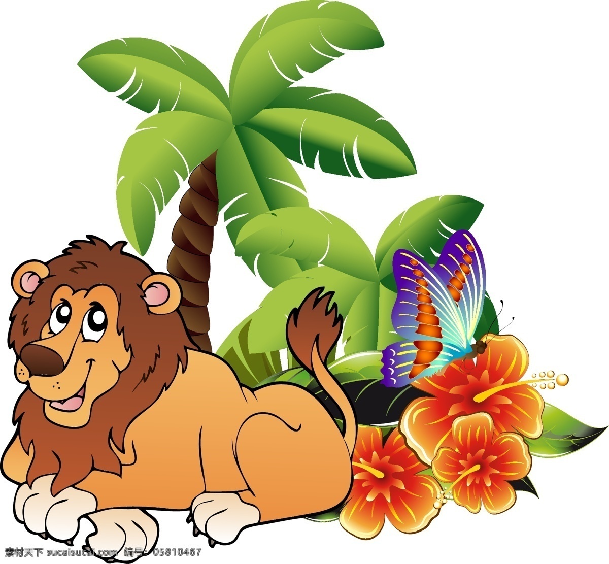 卡通动物设计 蝴蝶 狮子 树 花 绿叶 卡通动物 动物场景设计