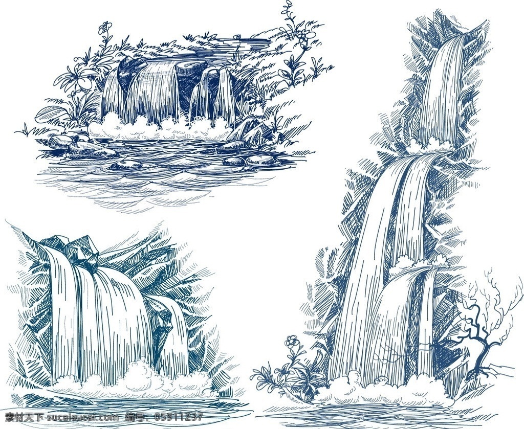 手绘风景 瀑布 素描 山水 描绘风景 矢量 山水风景 自然景观
