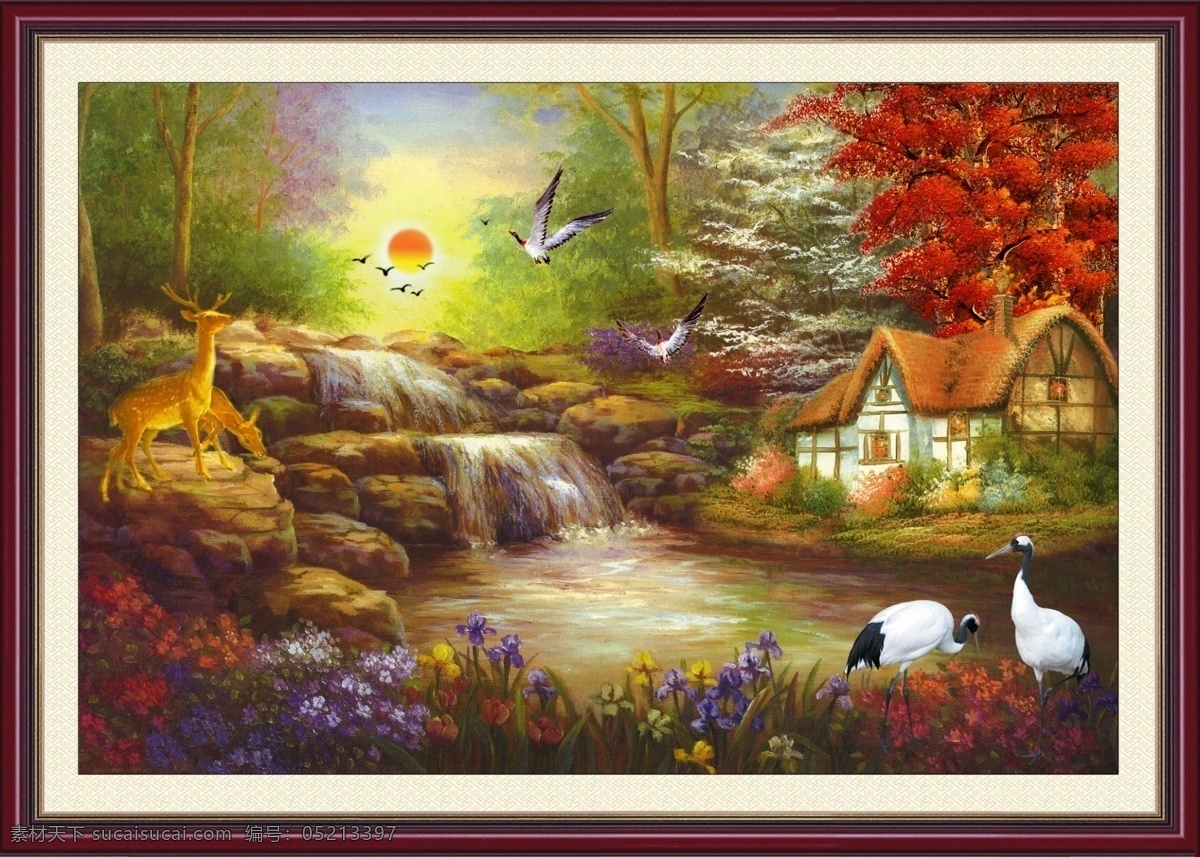 油画风景 漂亮 风景 油画 山水画 山水油画 油画山水 风景画 风景油画 瀑布 流水 河流 碧水 树 树林 红叶树 黄叶树 松树 鲜花 绿草 草坪 梅花鹿 仙鹤 大雁 远山 石头 房子 茅屋 太阳 霞光 朝霞 祥云 云彩 世外桃园 奇山异水 人间仙境 分层 源文件