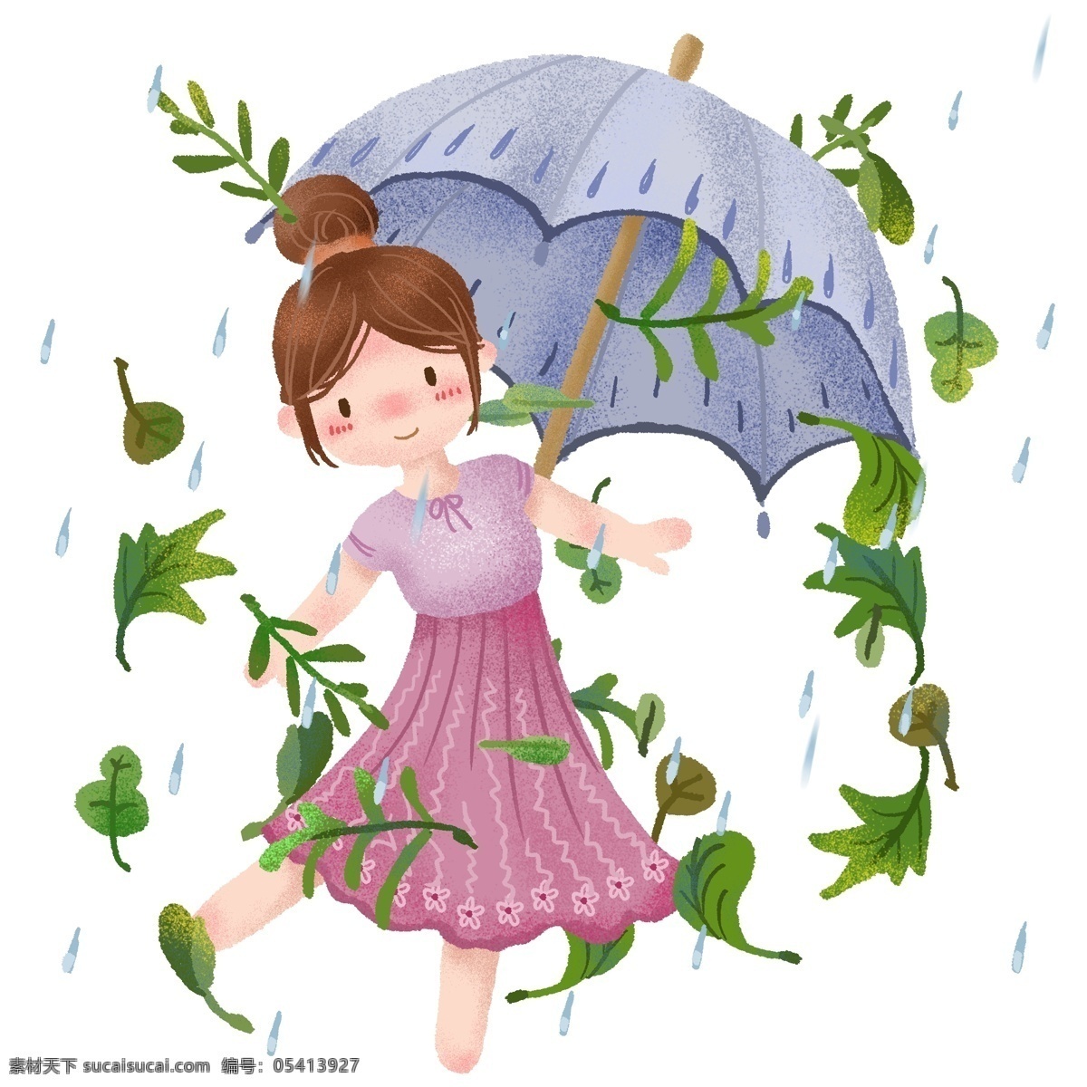手绘 初春 小雨 舞蹈 女孩 雨伞 树叶 绿色 小清新 叶子 插画 清凉 裙子 下雨 伞 二月