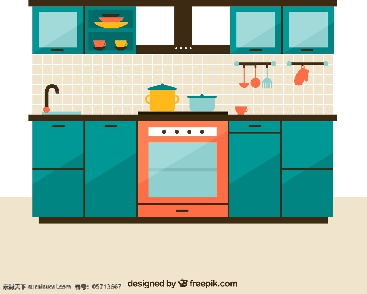 蓝绿 色调 厨房 矢量图 ai格式 含 预览 图 家居 厨房用品 盆 锅 隔热手套 壁橱 烤箱 水池 白色