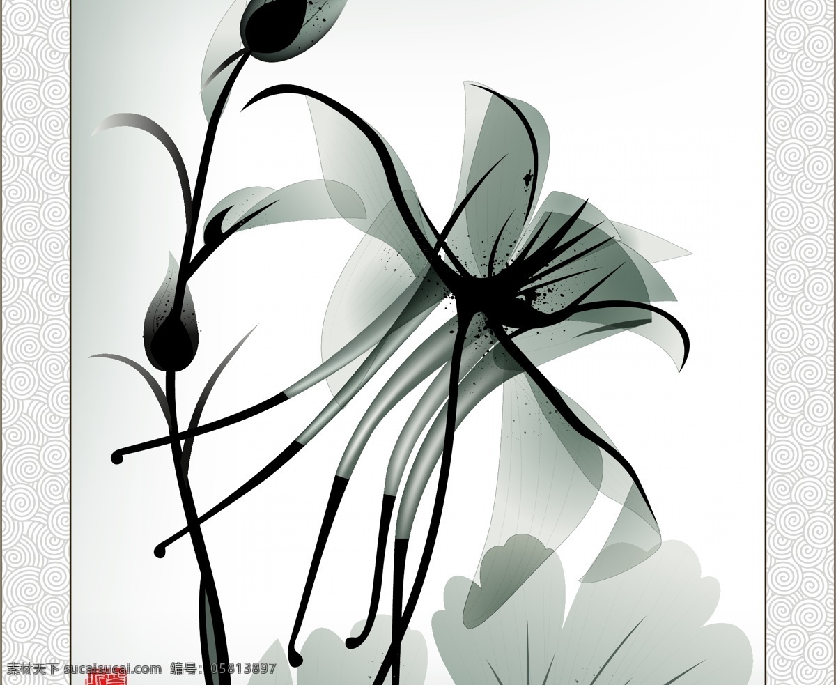 水墨画花 花 水墨 移门 门 边框 水墨画 无框画 壁画 荷叶 荷花 牡丹 抽象画 艺术 花苞 花蕊 底纹背景 底纹边框 矢量
