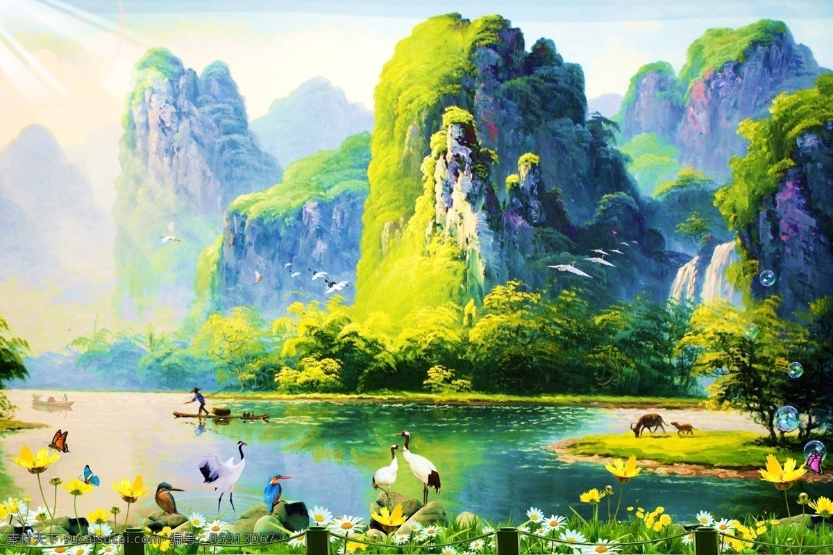 世外桃源 人间仙镜 人间美景 人间天堂 世外桃园 大自然 桂林山水 美景 湖水 清湖 清静的湖水 小河 河流 河水 水 流水 小鸟 鸟 青山 高山 山峰 群山 山恋 蝴蝶 牛 瀑布 小船 绿叶 树叶 绿色 绿竹 竹子 竹叶 雾 阳光 光线 晨雾 小型瀑布 花草树木 装饰画 风景模板 山水画 风景 油画 分层 源文件