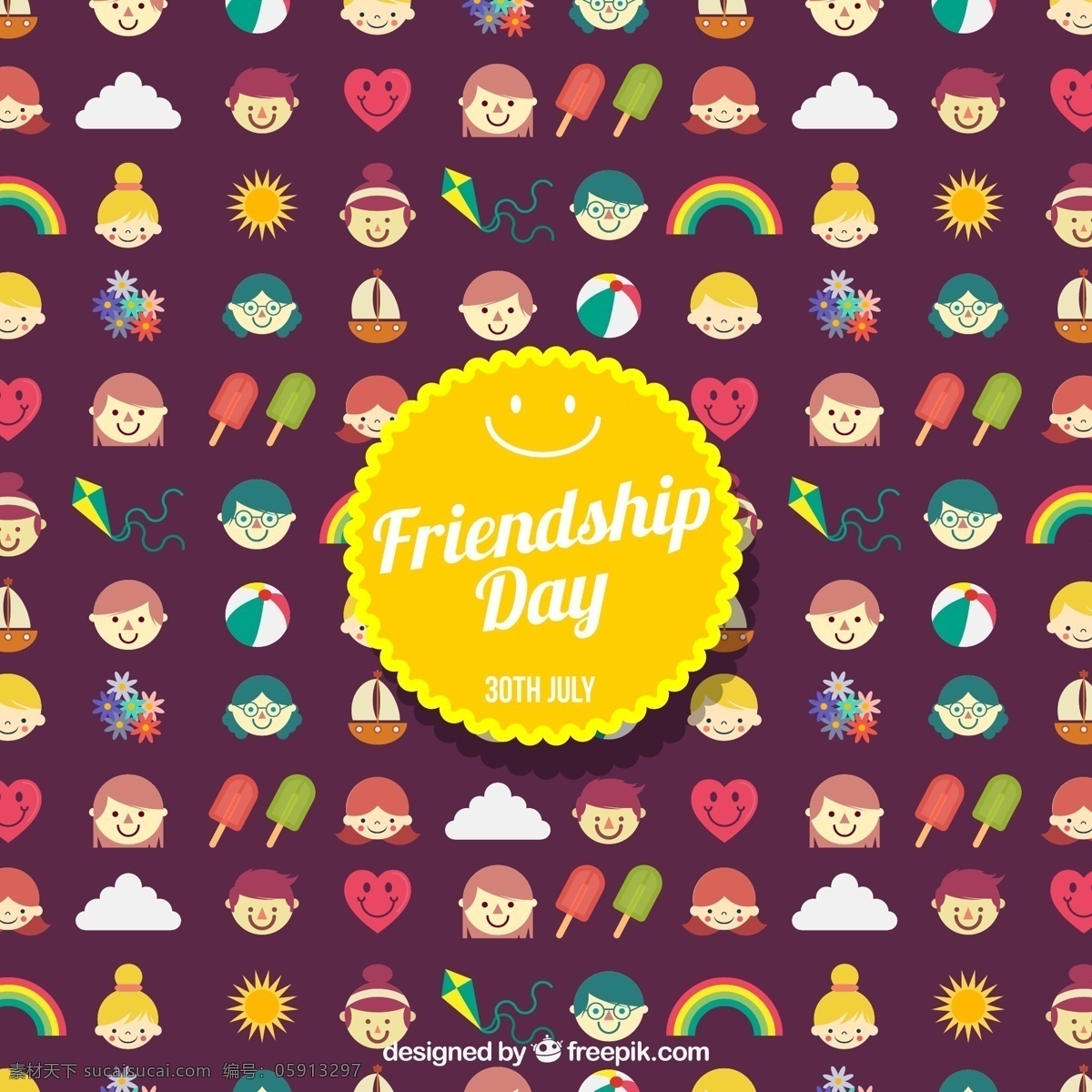 彩色 友谊 日 元素 贺卡 矢量 friendship day 船 彩虹 爱心 花束 风筝 太阳 雪糕 云朵 男 女 头像 友谊日 无缝背景 矢量图
