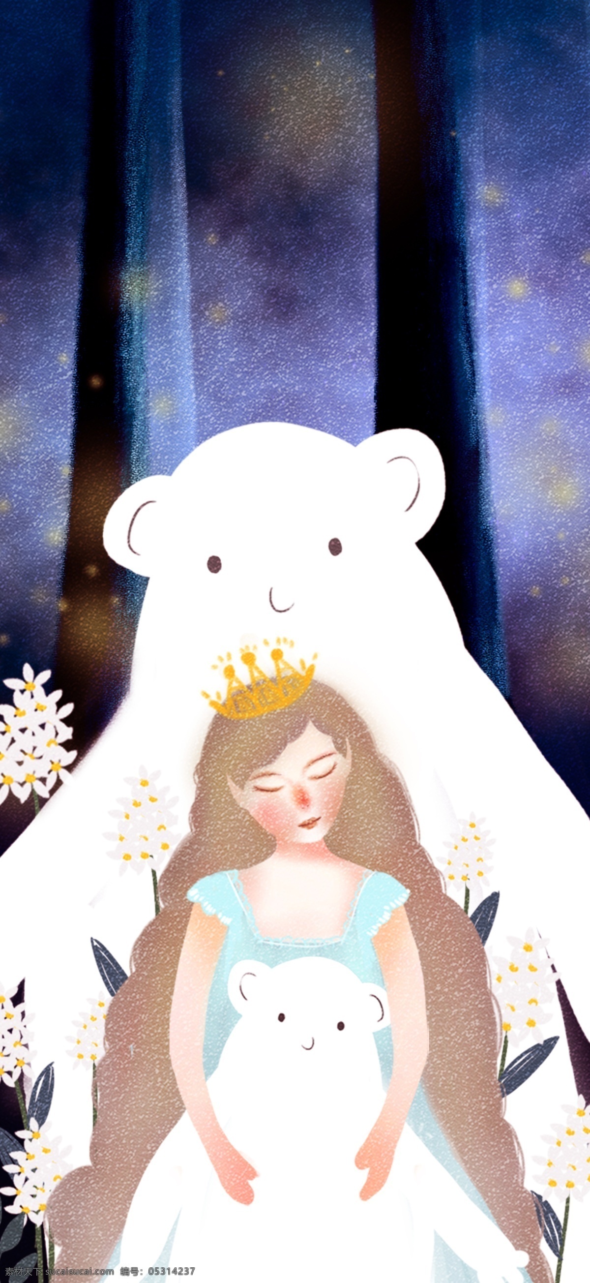 森林 公主 抱 熊 小女孩 唯美 梦幻 原创 插画 原创插画
