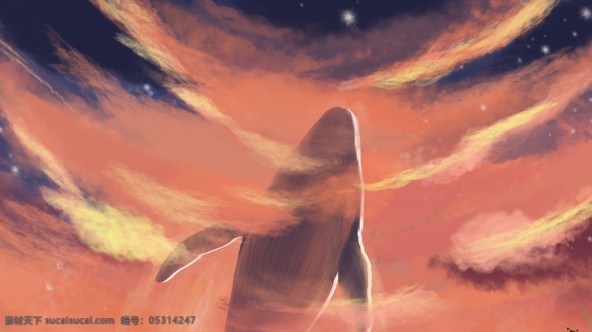 黄昏 云层 里 遨游 鲸鱼 治愈 插画 背景 海报 配 图 星星 云海 动物 红蓝色调 配图
