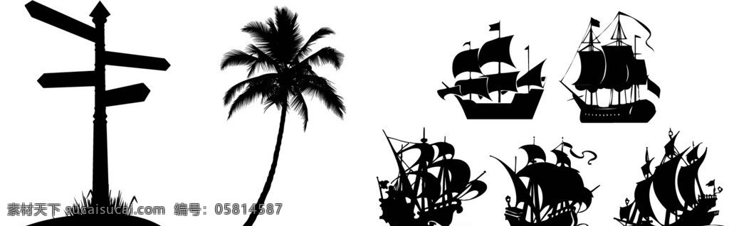 帆船剪影 帆船 方向提示 指示 椰子树 剪影 建筑景观 自然景观 矢量