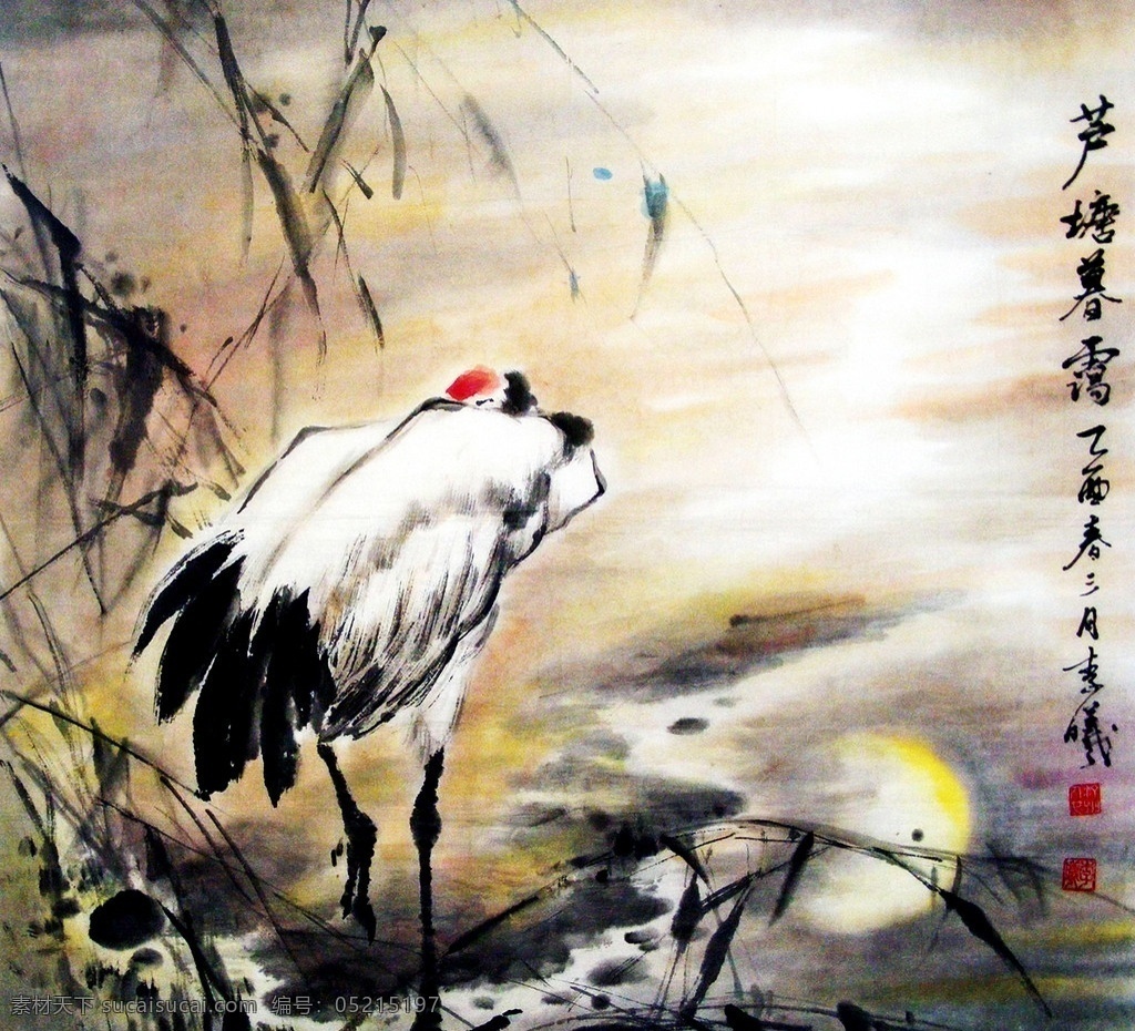 芦塘暮霭 美术 绘画 中国画 彩墨画 白鹤 丹顶鹤 芦苇 夕照 国画艺术 国画集62 绘画书法 文化艺术