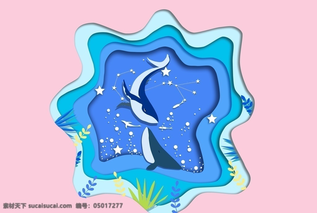 夏日 海洋 鲸鱼 夏天 剪纸 可爱 插画 动漫动画 风景漫画