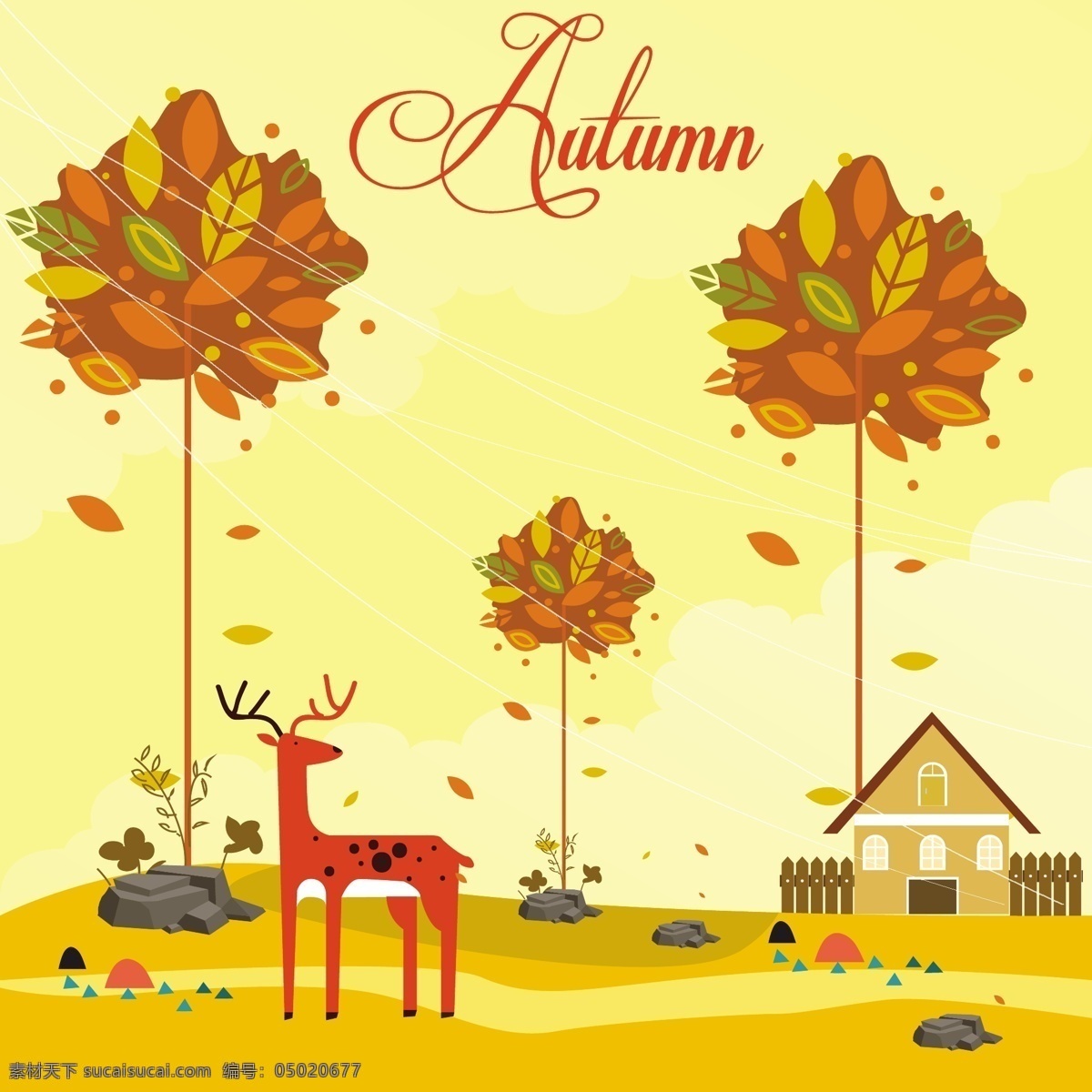 秋天 树叶 风景 插画 矢量 房子 农场 矢量素材 树 黄色叶子 鹿