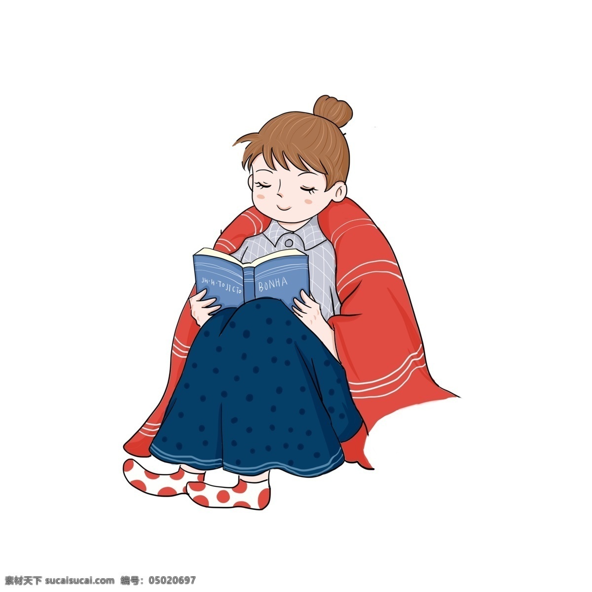 手绘 盖 被子 看书 女孩 商用 元素 可爱 彩色 读书 插画 漫画人物