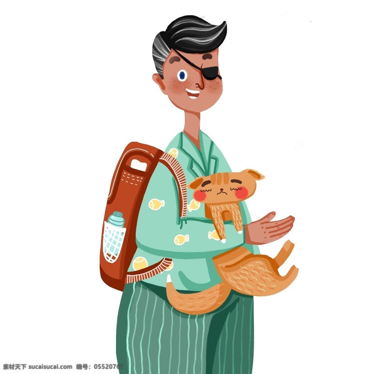 抱 猫咪 探险 男孩 复古 商用 元素 卡通 人物 插画 背包 独眼
