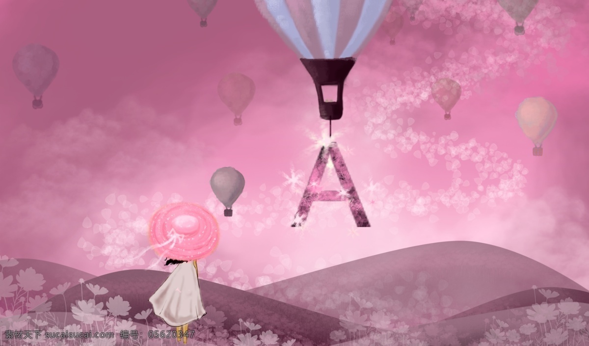 治愈 系 插画 字母 邂逅 a 粉红色 天空 热气球 女孩 山
