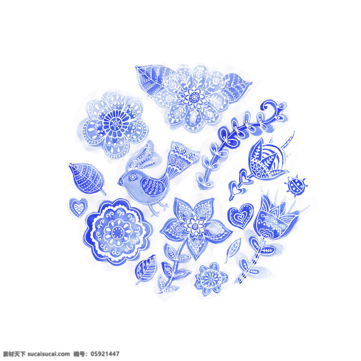 圆 夏天 水彩 插图 花鸟 圆形 蝴蝶 白色
