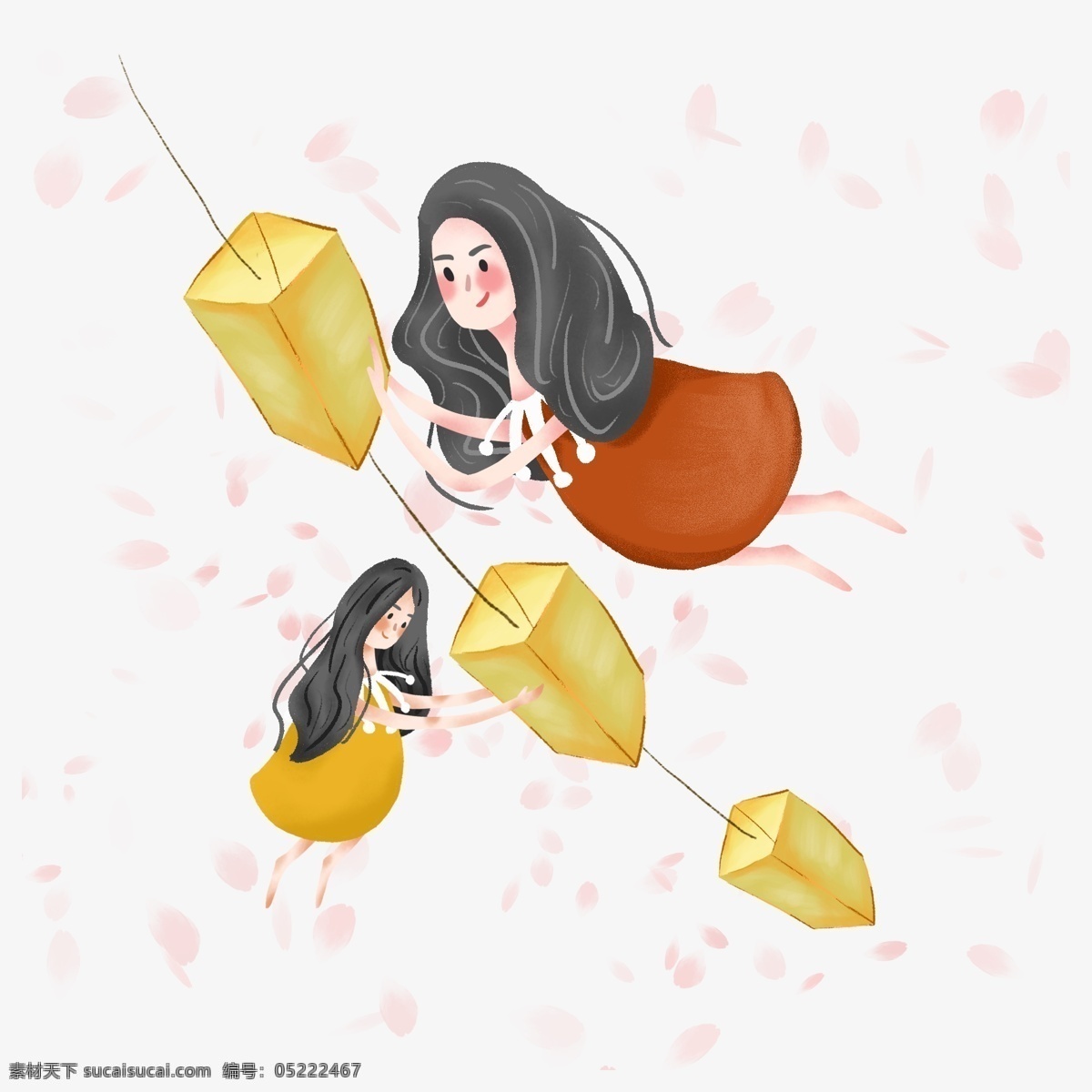 简约 挂 灯笼 女孩 插画 海报 免 抠 元素 手绘 人物 卡通 可爱 小清新 插画用图 海报用图 美女 长发 挂灯笼的女孩 黄色 红色