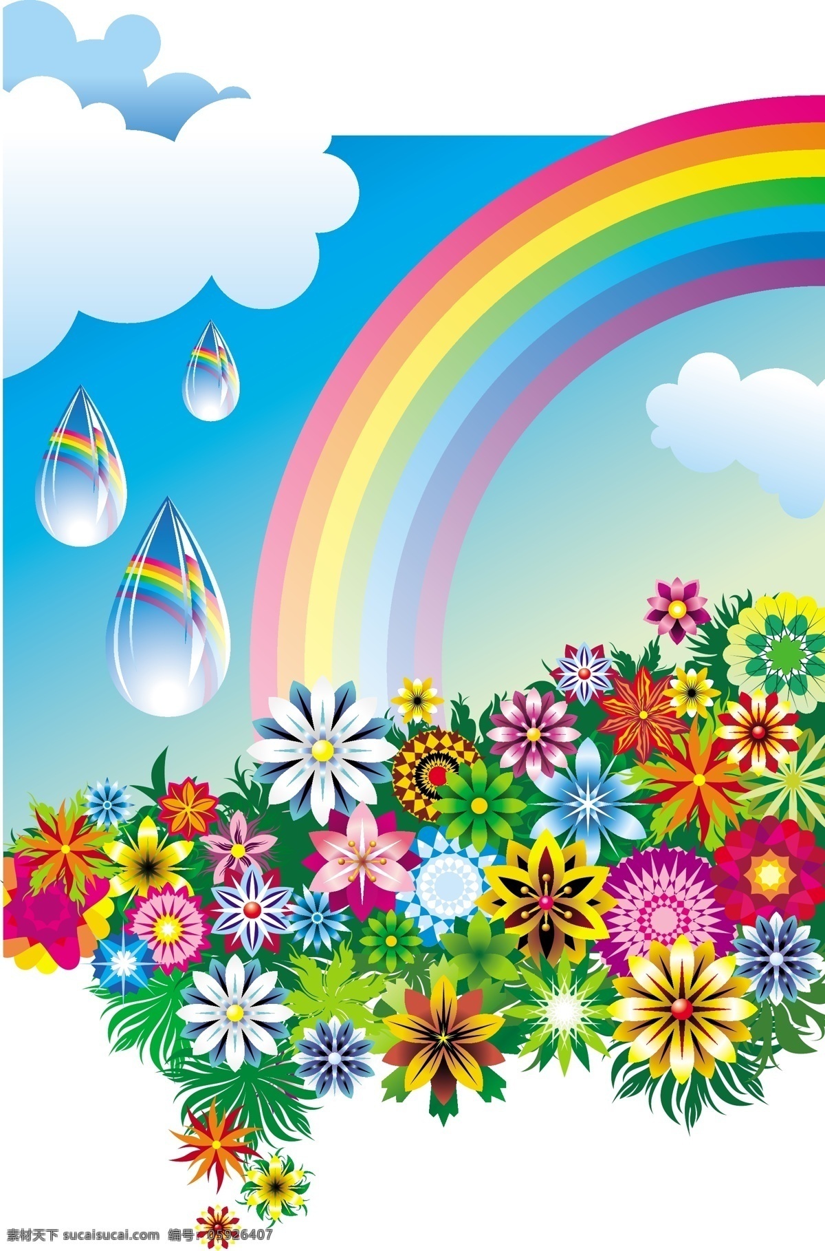 花朵和彩虹 卡通背景 阳光 彩虹 草地 花朵 放射 树 卡通草地 条纹 波纹 花卉 平面素材 白色