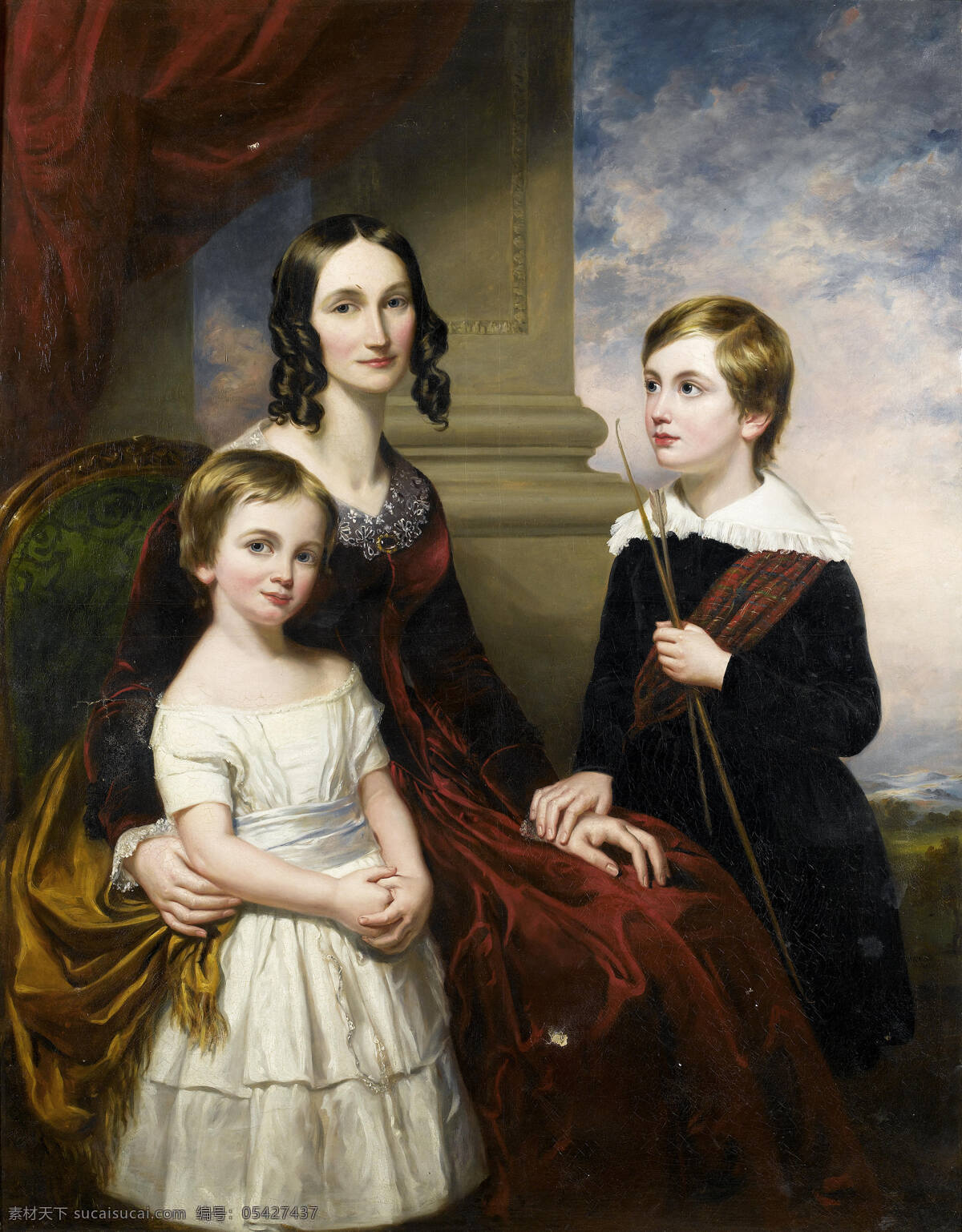 绘画书法 母亲 文化艺术 油画 母子 三 人 设计素材 模板下载 母子三人 女儿 儿子 红色帘子 贵族之家 19世纪油画