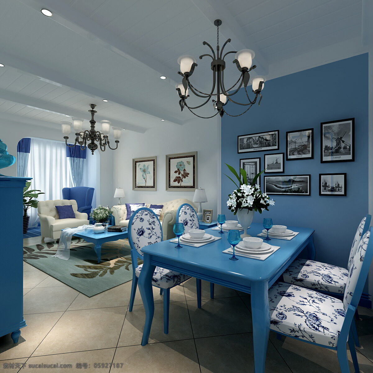 地中海 蓝色 餐厅 效果图 简约 室内设计 家装效果图 家居 家具 家装 餐桌 蓝色餐桌 照片背景墙 吊灯 地毯
