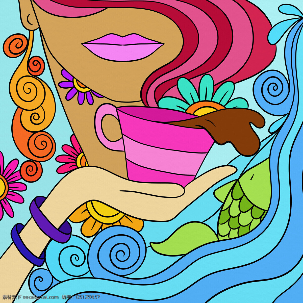 喝 咖啡 美女 插画 咖啡杯子 装饰画 女性插画 女人插图 绘画艺术 抽象画 卡通漫画 其他艺术 文化艺术