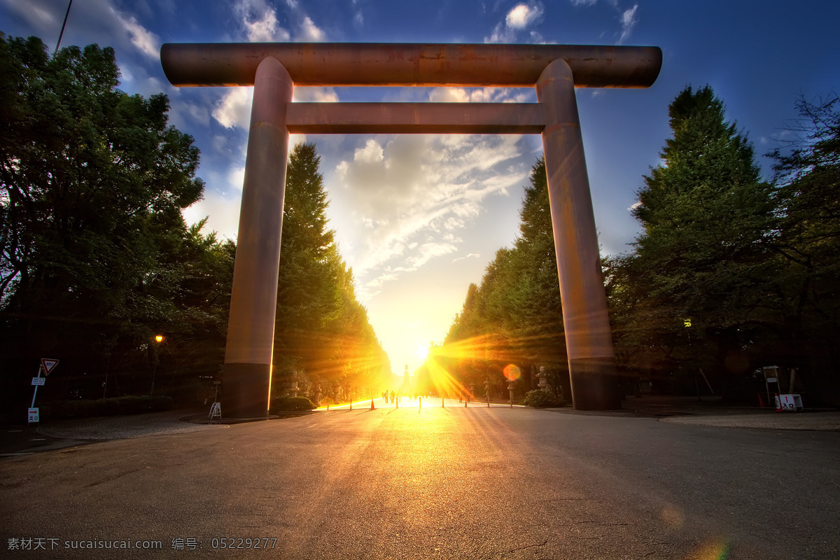 日本 东京 神社的清晨 神社 靖国神社 清晨 太阳 耀眼光芒 神社牌楼 道路 树木 蓝天白云 景色优美 景观 旅游景点 东京风光 樱花之国 日本风光 国外旅游 旅游摄影