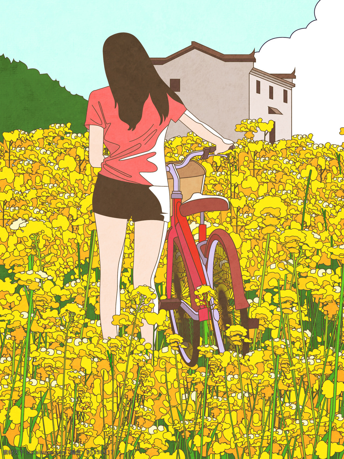 环保 主题 自行车 代步 骑单车 绿化 油菜花 少女 风景 低碳 小清新 场景插画 矢量插画 扁平风格 扁平化 花园