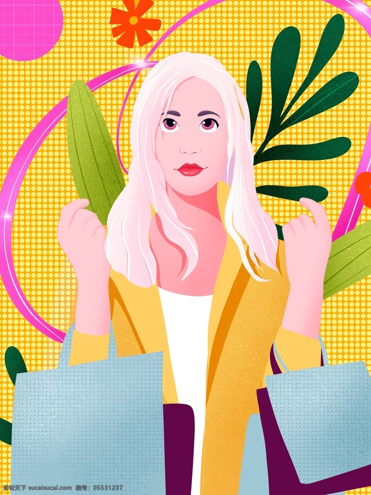 购物 女孩 手绘 海报 插画 壁纸 时尚 banner 逛街 买买买