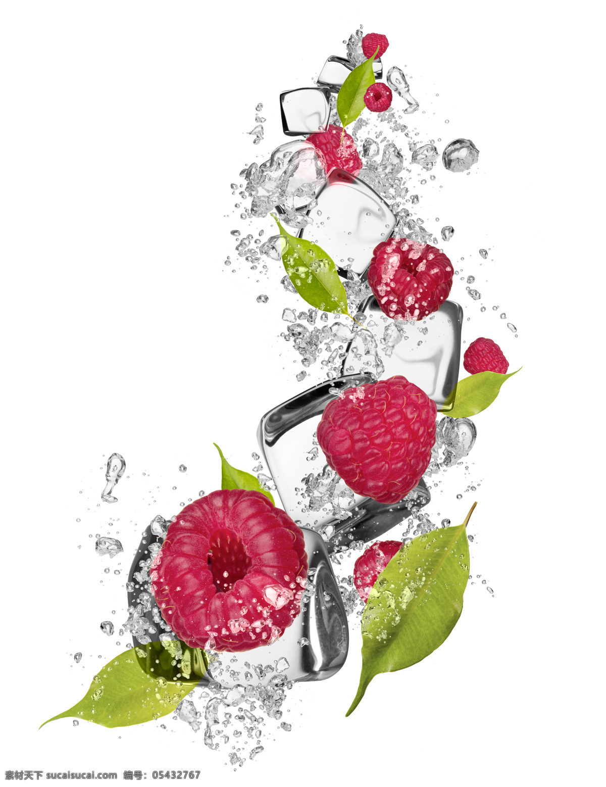 动感 水花 冰块 水果 覆盆子 新鲜水果 动感水花 掉 入 水中 气泡 水珠 绿叶 水果图片 餐饮美食