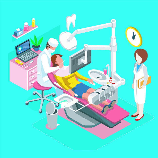 工作 中 牙医 人物 矢量 设计素材 粉色 工具 医生 患者 立体 3d 像素 工作场景 卡通