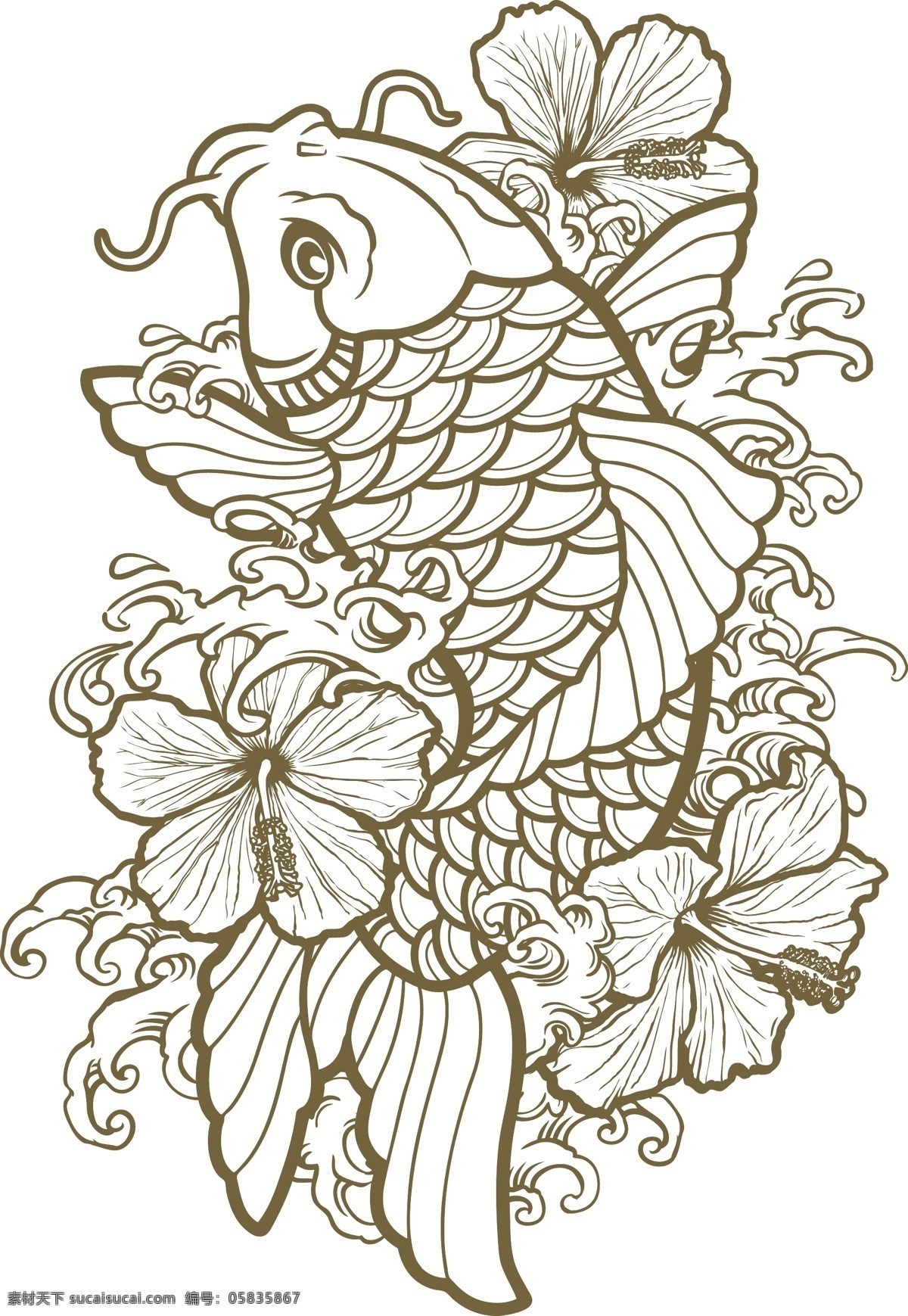 矢量 金鱼 花纹 背景 花朵 鲜花 动物 矢量鱼 矢量花纹 图案 纹身 底纹 矢量素材 印花图案 底纹边框 白色