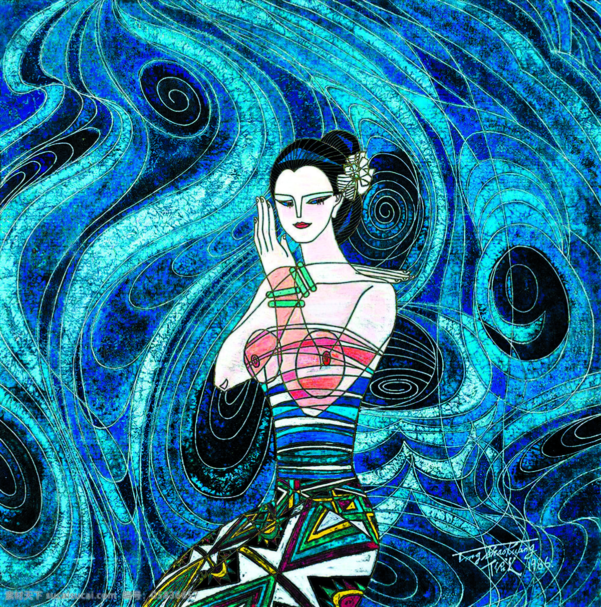国画艺术 绘画书法 蓝色梦幻 丽人 美术 女人 女子 蓝色 梦幻 设计素材 模板下载 中国画 工笔重彩画 蓝色风 国画集94 文化艺术