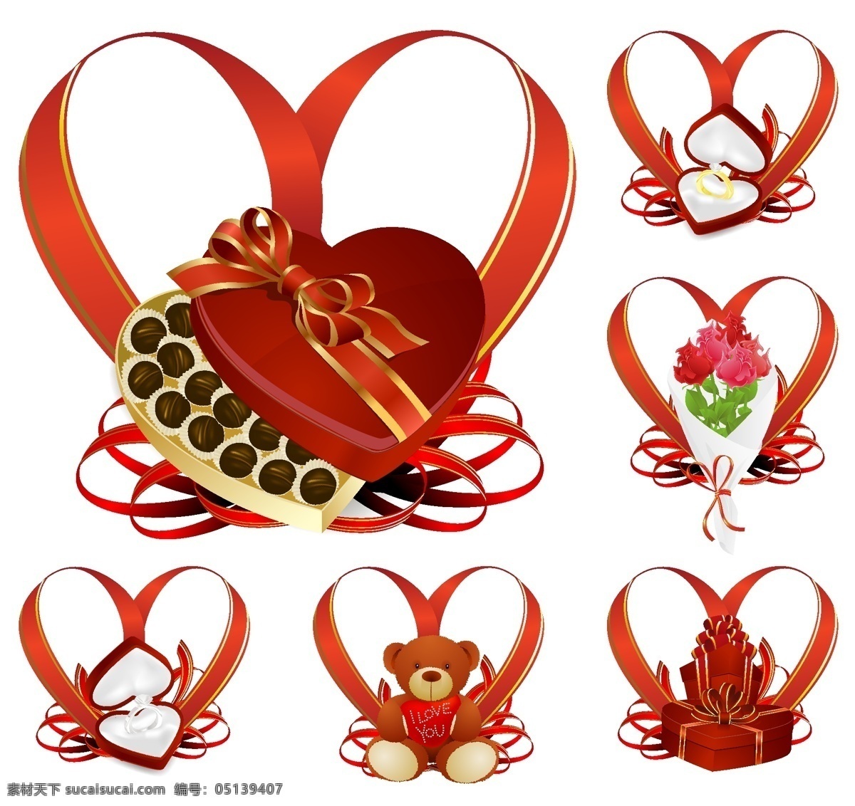矢量 心 型 丝带 礼物 戒指 浪漫 玫瑰 巧克力 矢量素材 甜蜜 小熊 心型 节日素材 其他节日