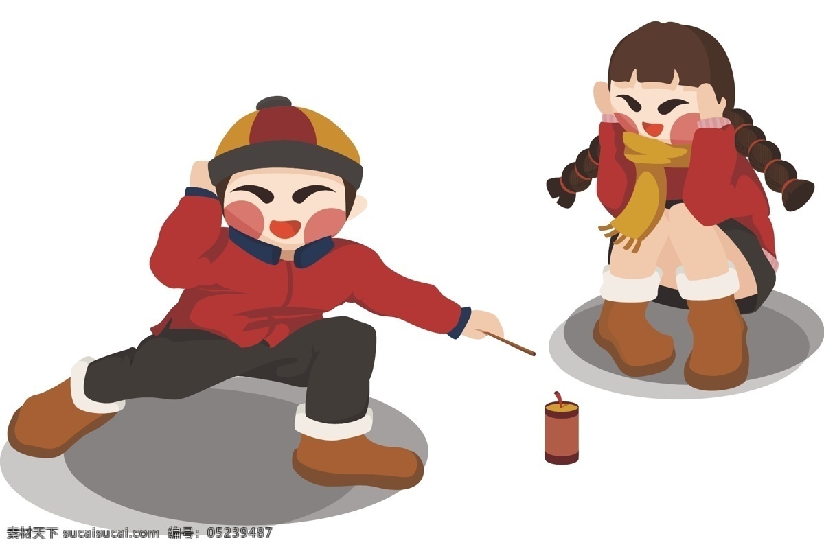 年画 娃娃 元旦 新年 嬉戏 场景 年画娃娃 过年 男孩女孩 矢量插画 中国风 放鞭炮 点烟花 嬉戏场景