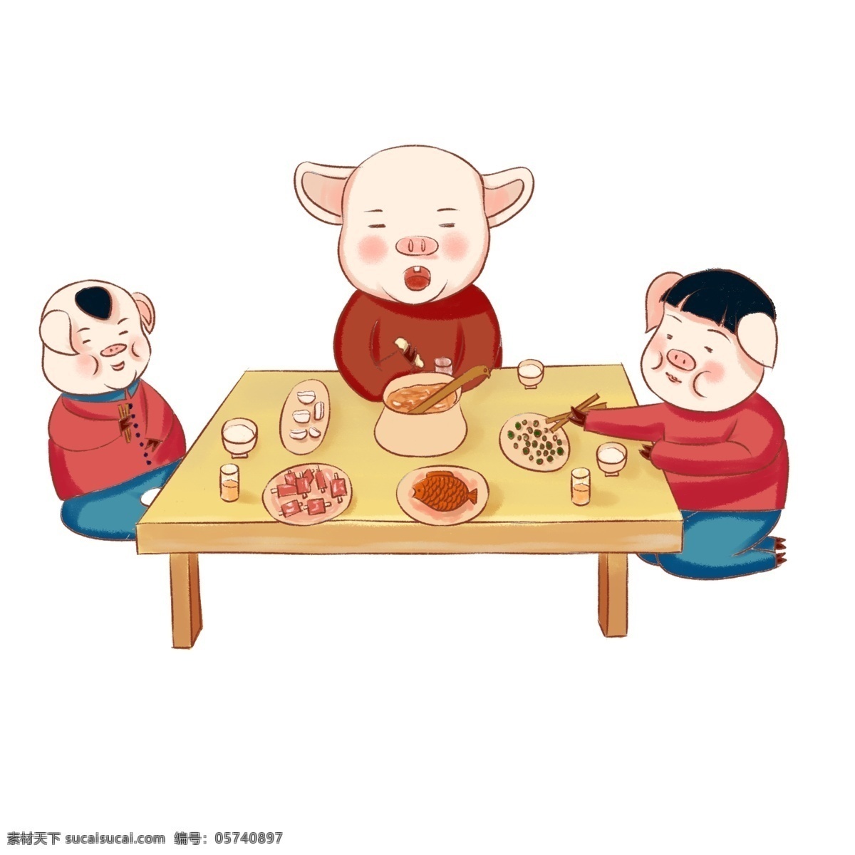 2019 猪 传统 习俗 一家 三口 吃 年夜饭 猪年 卡通手绘 一家三口 吃年夜饭 传统习俗 过春节 猪爸爸 猪妈妈 猪宝宝 一家吃年夜饭