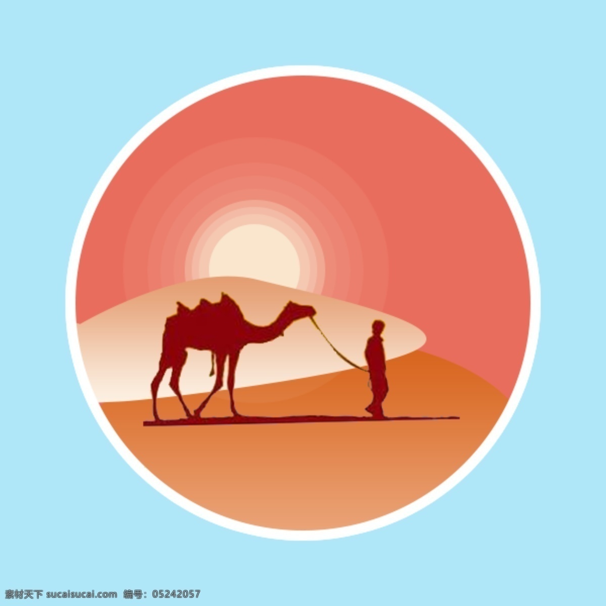 日落 夕阳 下 骆驼 人 沙漠 中 漫步 扁平 矢量 风格 练习 粉色