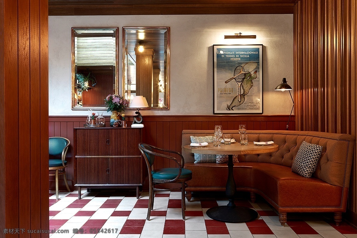 国外 创意 主题 餐厅 咖啡厅 装修 效果图 白色灯光 壁画 灰色墙壁 门框 浅黄色窗帘