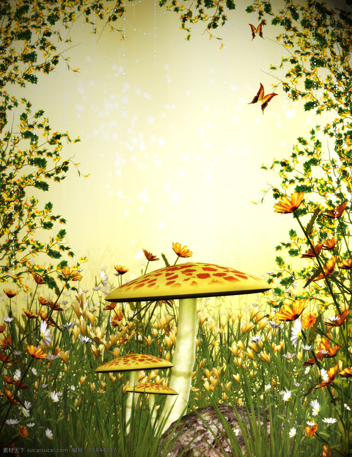 蘑菇花卉风景 蘑菇 花卉 风景 蝴蝶 壁画 风景专辑 动漫动画 风景漫画