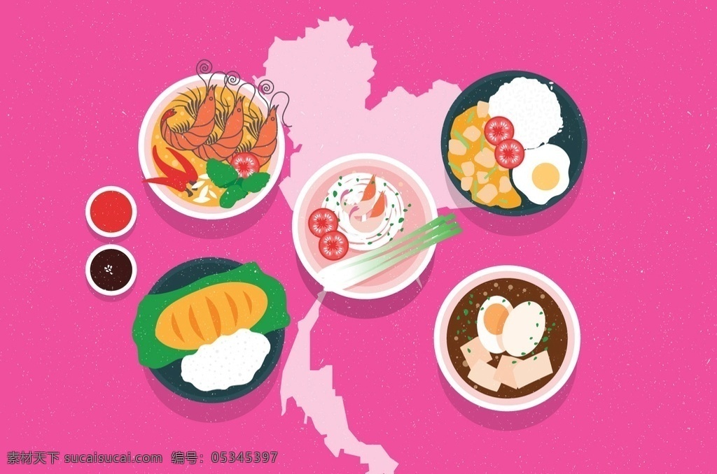 曼谷 传统 食物 载体 传统食物 鸡蛋 大葱 美食 番茄 辣椒 米饭 虾 咖喱 面包 豆腐 分层
