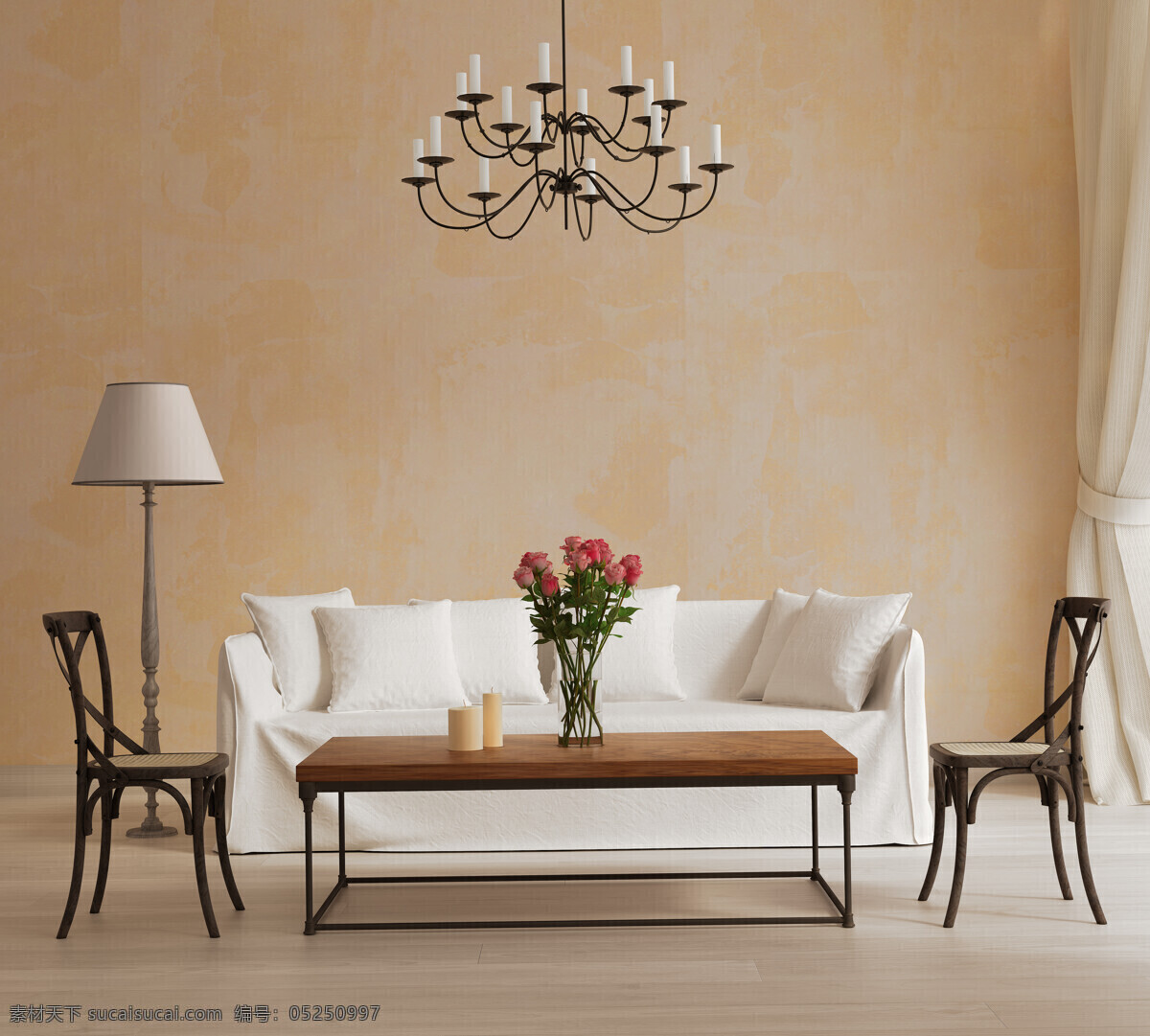 简洁 客厅 白色沙发 鲜花 吊灯 台灯 椅子 室内设计 环境家居
