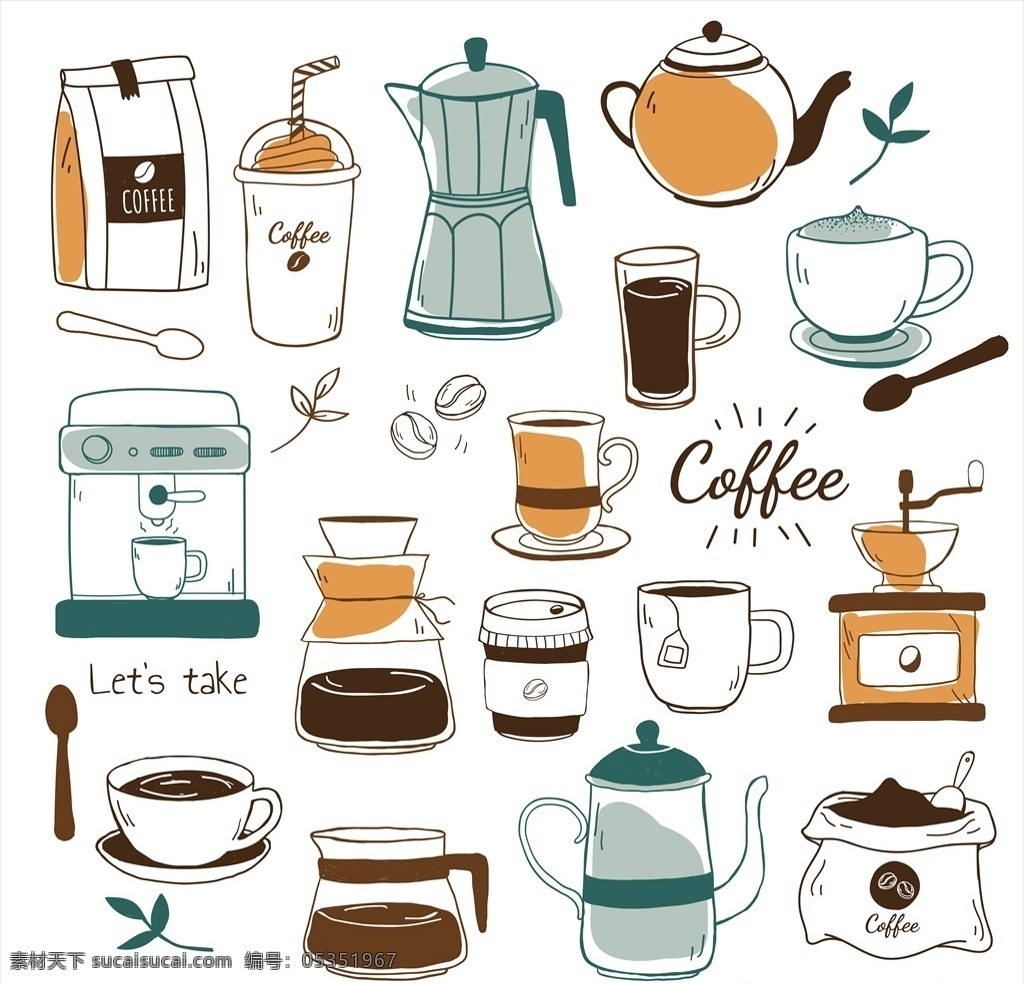 手绘咖啡插画 手绘 咖啡 背景 底纹 插画 速写 图案 咖啡豆 泡咖啡 速溶咖啡 印花 动漫动画